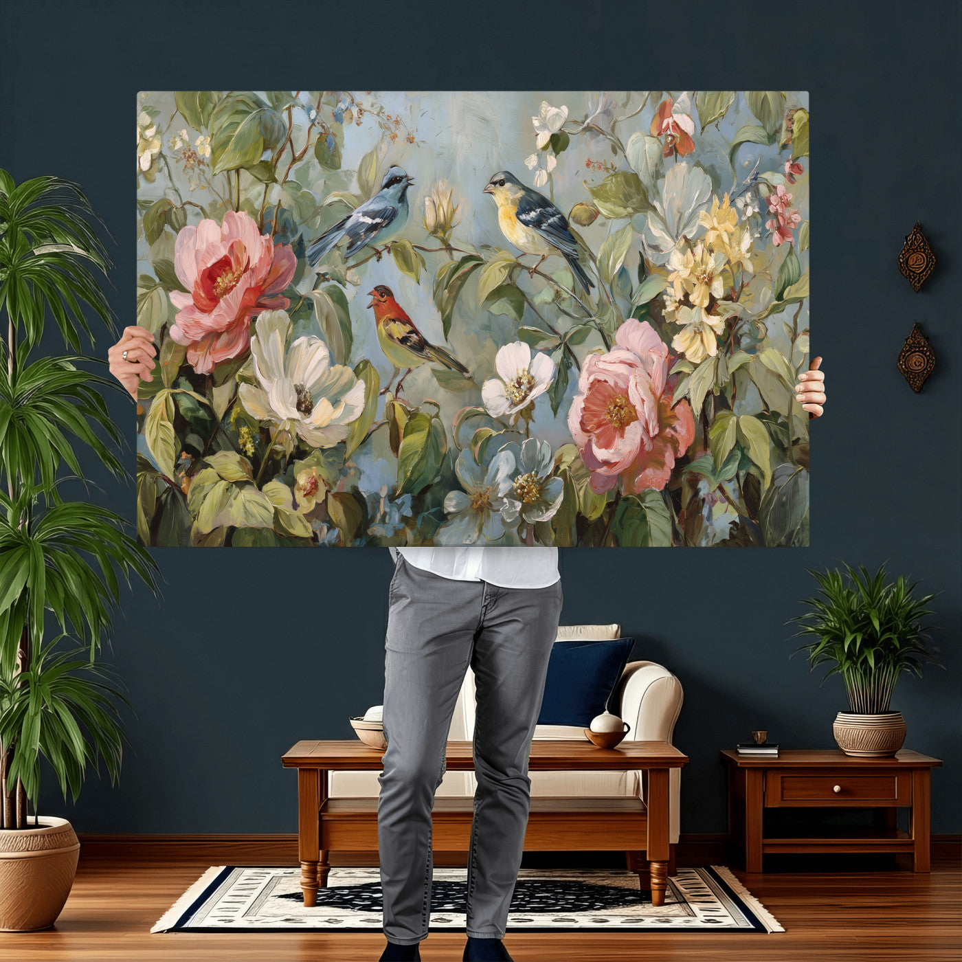 55440837-MGV-CV-36X24 - Vintage Birds and Flowers Wall Art Canvas Print, Botanical Bird Painting Canvas Print, Floral Garden Bird Artwork Canvas Print, Classic Bird Flower Painting Canvas Print