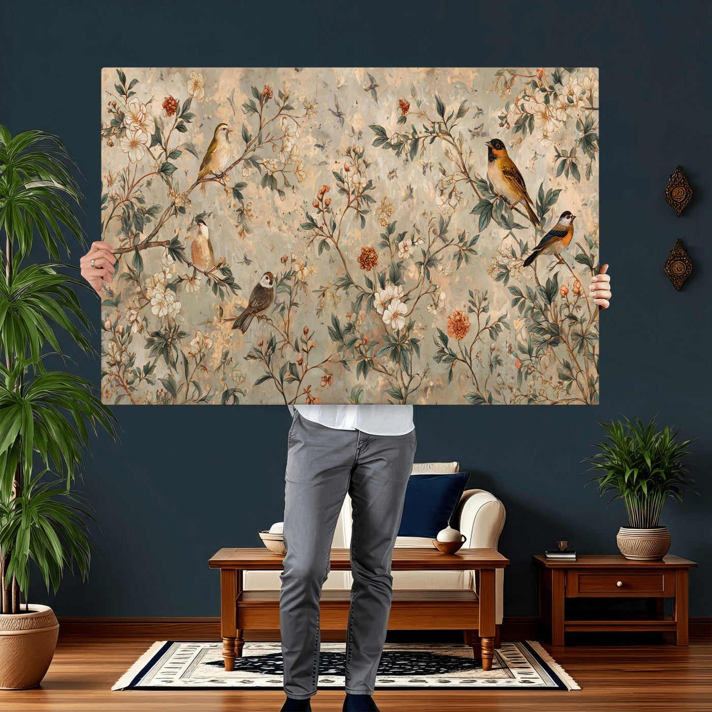 76588438-MGV-CV-36X24 - Vintage Birds and Flowers Wall Art Canvas Print, Botanical Bird Painting Canvas Print, Floral Garden Bird Artwork Canvas Print, Classic Bird Flower Painting Canvas Print