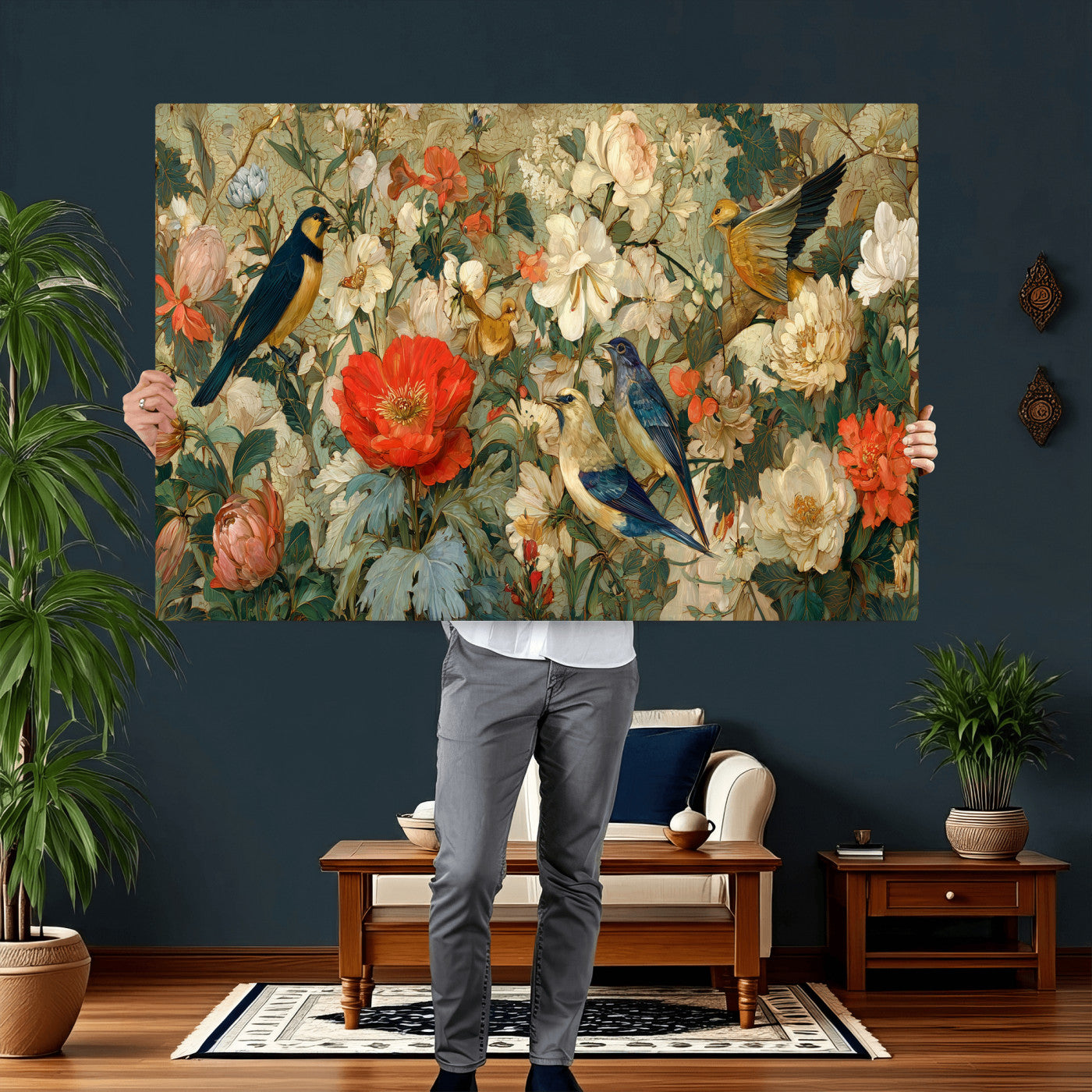 52904757-MGV-CV-36X24 - Vintage Birds and Flowers Wall Art Canvas Print, Botanical Bird Painting Canvas Print, Floral Garden Bird Artwork Canvas Print, Classic Bird Flower Painting Canvas Print