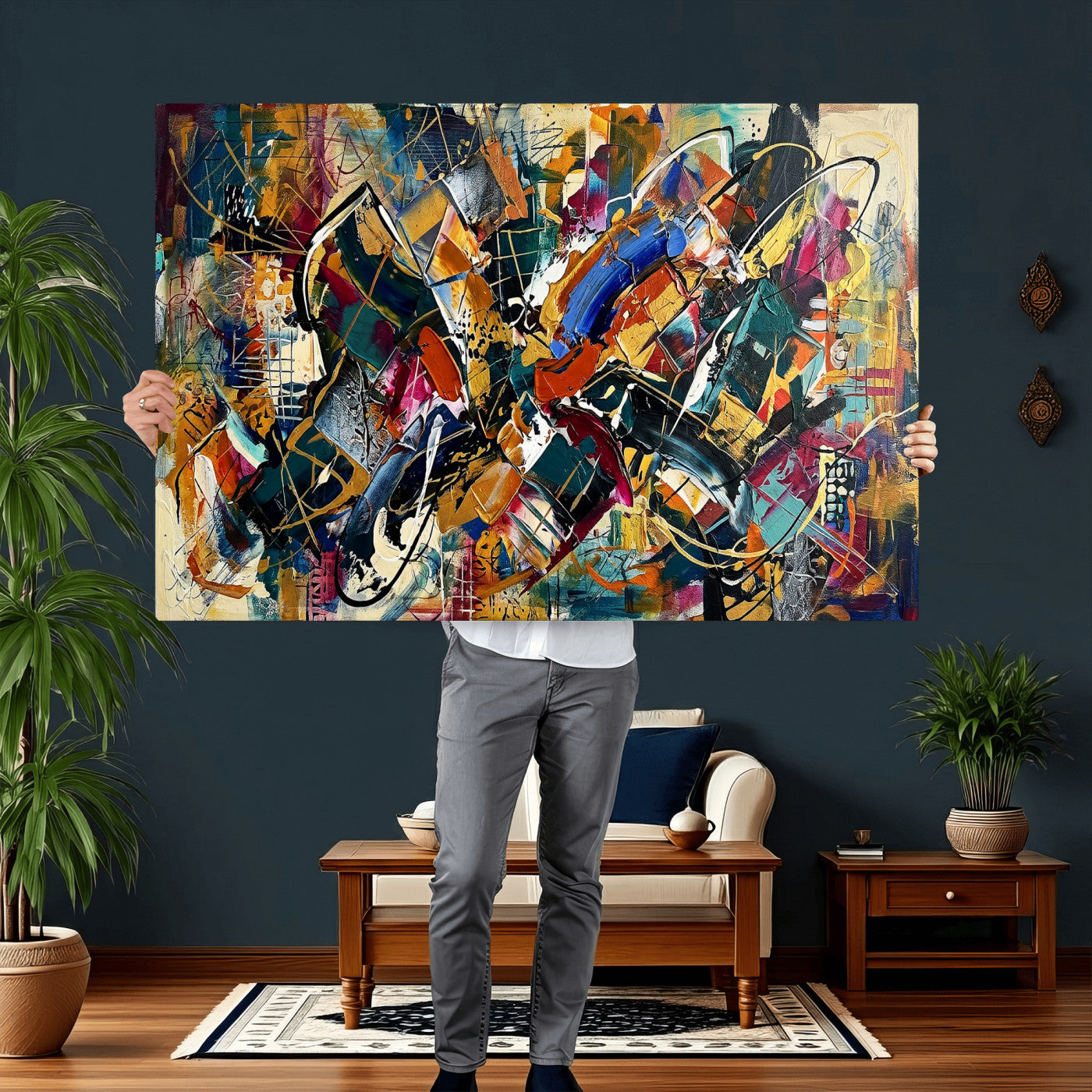 15525527-MGV-CV-36X24 - Geometric Abstract Wall Art Canvas Print, Orange Blue Abstract Expressionist Painting Print, Modern Geometric Abstract Canvas Art