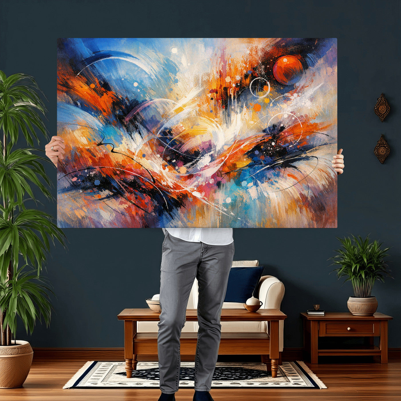 47770355-MGV-CV-36X24 - Geometric Abstract Wall Art Canvas Print, Orange Blue Abstract Expressionist Painting Print, Modern Geometric Abstract Canvas Art