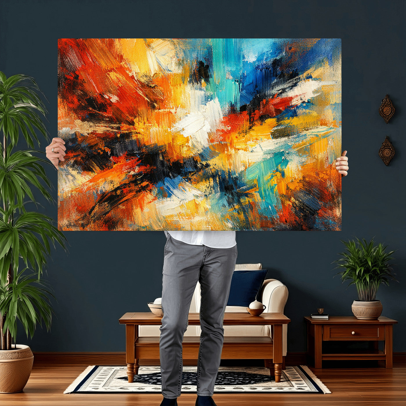 93167583-MGV-CV-36X24 - Geometric Abstract Wall Art Canvas Print, Orange Blue Abstract Expressionist Painting Print, Modern Geometric Abstract Canvas Art