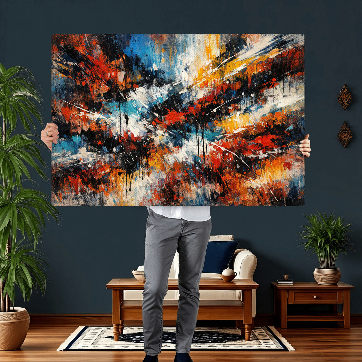 80276069-MGV-CV-36X24 - Geometric Abstract Wall Art Canvas Print, Orange Blue Abstract Expressionist Painting Print, Modern Geometric Abstract Canvas Art