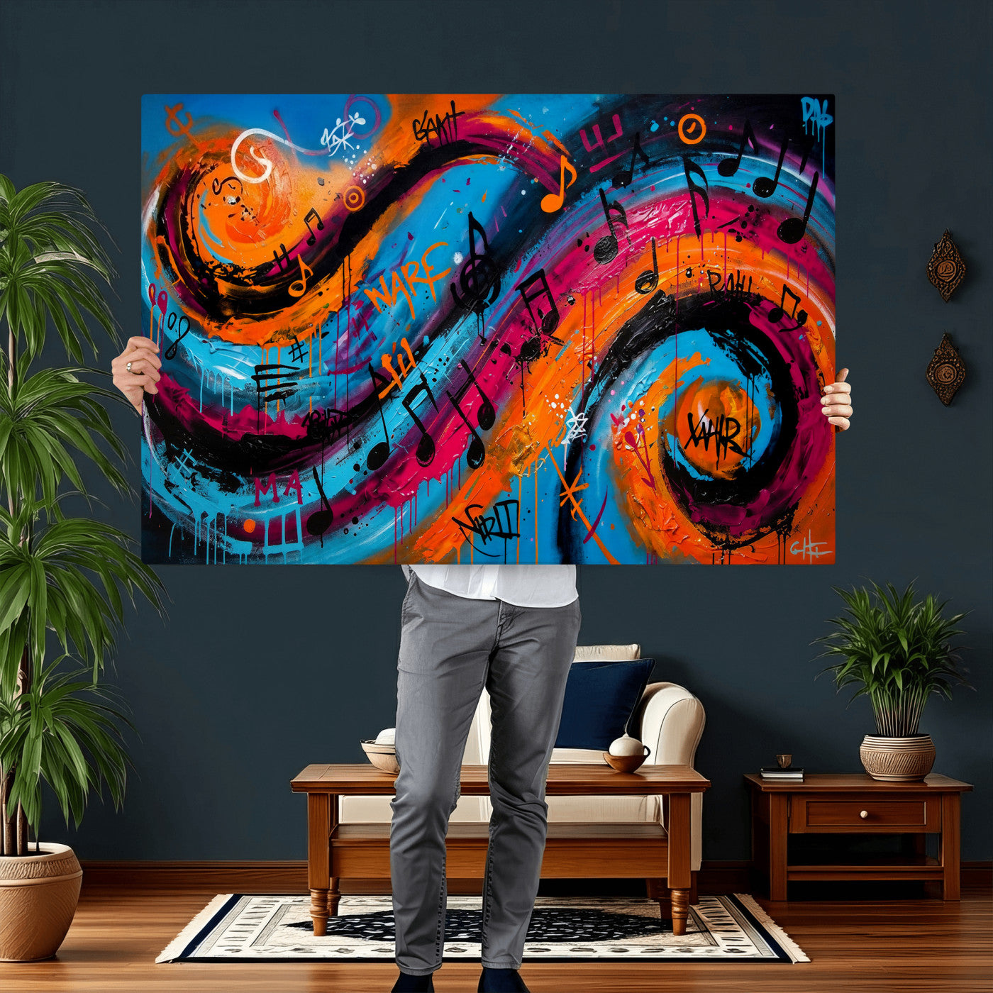 34936518-MGV-CV-36X24 - Geometric Abstract Wall Art Canvas Print, Orange Blue Abstract Expressionist Painting Print, Modern Geometric Abstract Canvas Art