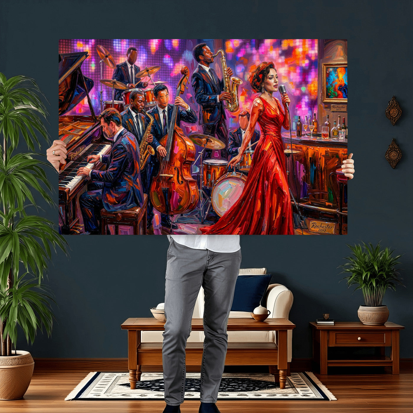 620930J20-MGV-CV-36X24 - Jazz Band Canvas Wall Art — Jazz Club Singer Saxophone Print | Music Wall Decor | Bar Restaurant Art | Music Lover Gift | Jazz Home Decor