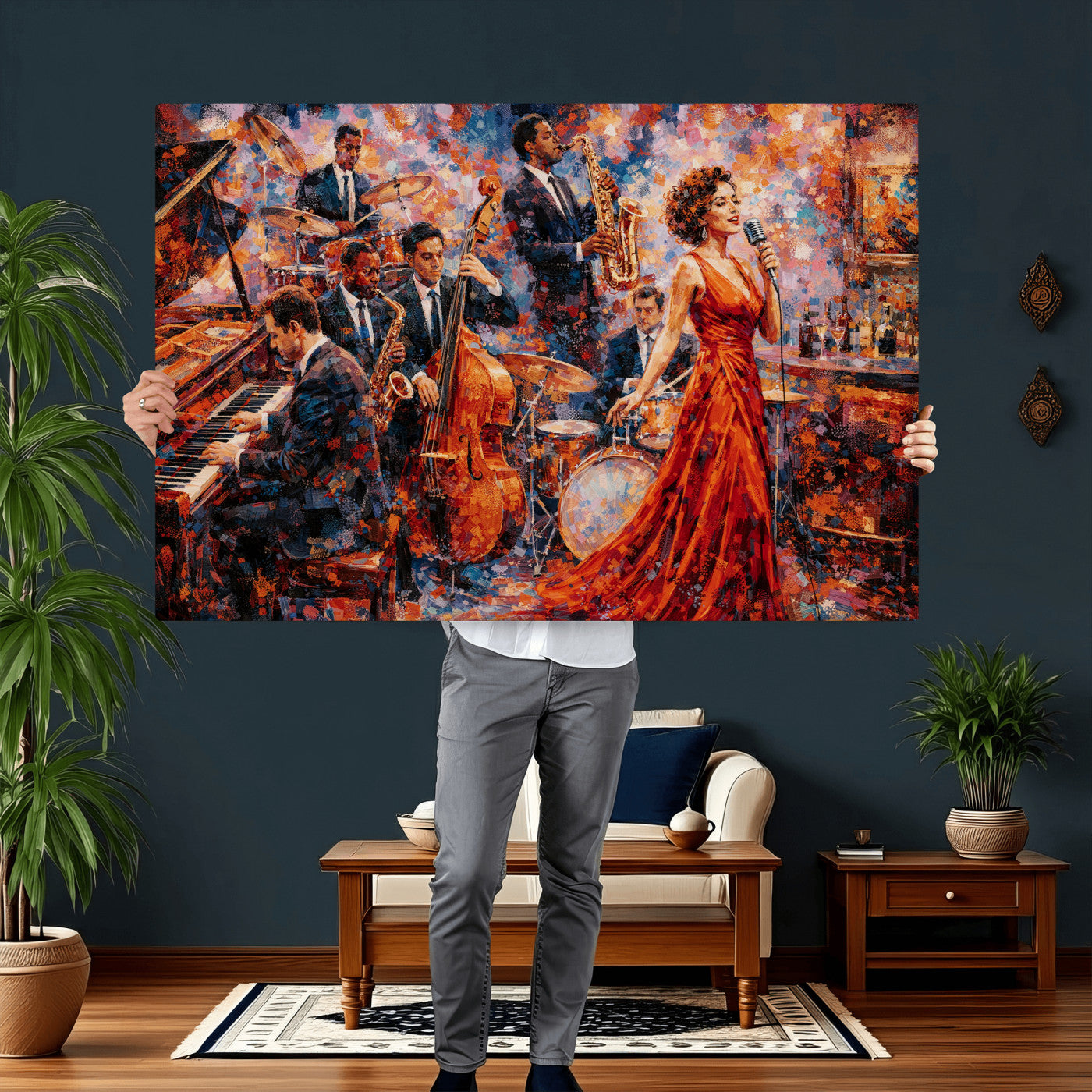 620930SF20-MGV-CV-36X24 - Jazz Band Canvas Wall Art — Jazz Club Singer Saxophone Print | Music Wall Decor | Bar Restaurant Art | Music Lover Gift | Jazz Home Decor