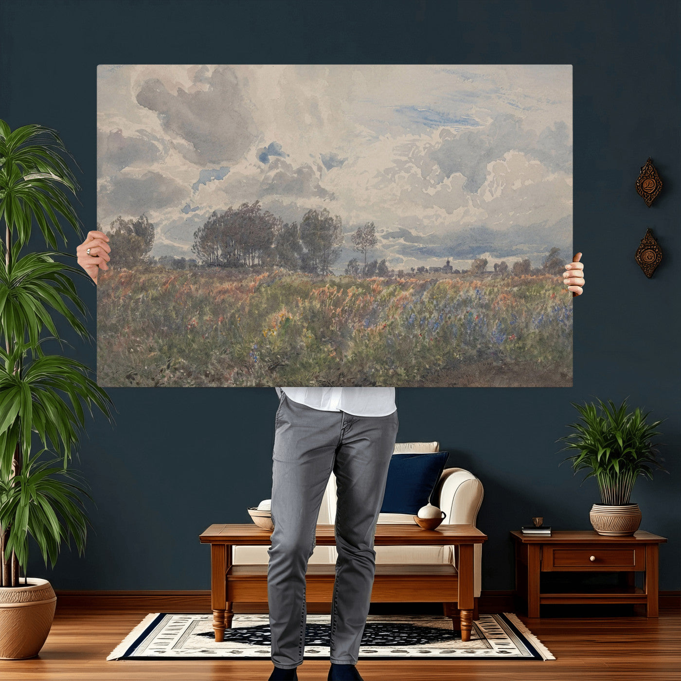 76626885-MGV-CV-36X24 - Vintage Watercolor Meadow Canvas Wall Art — English Pastoral Wildflower Storm Sky Print | Cottagecore Nature Decor | Classic Landscape Gift