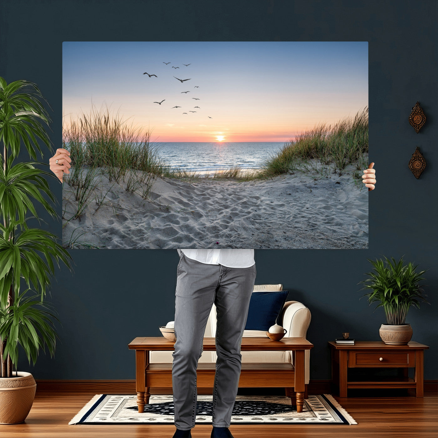 12172032-MGV-CV-36X24 - Sandy Dune Path Sunset Canvas Wall Art — Seagulls Beach Ocean Photography Print | Coastal Home Decor | Nautical Wall Art | Beach House Gift