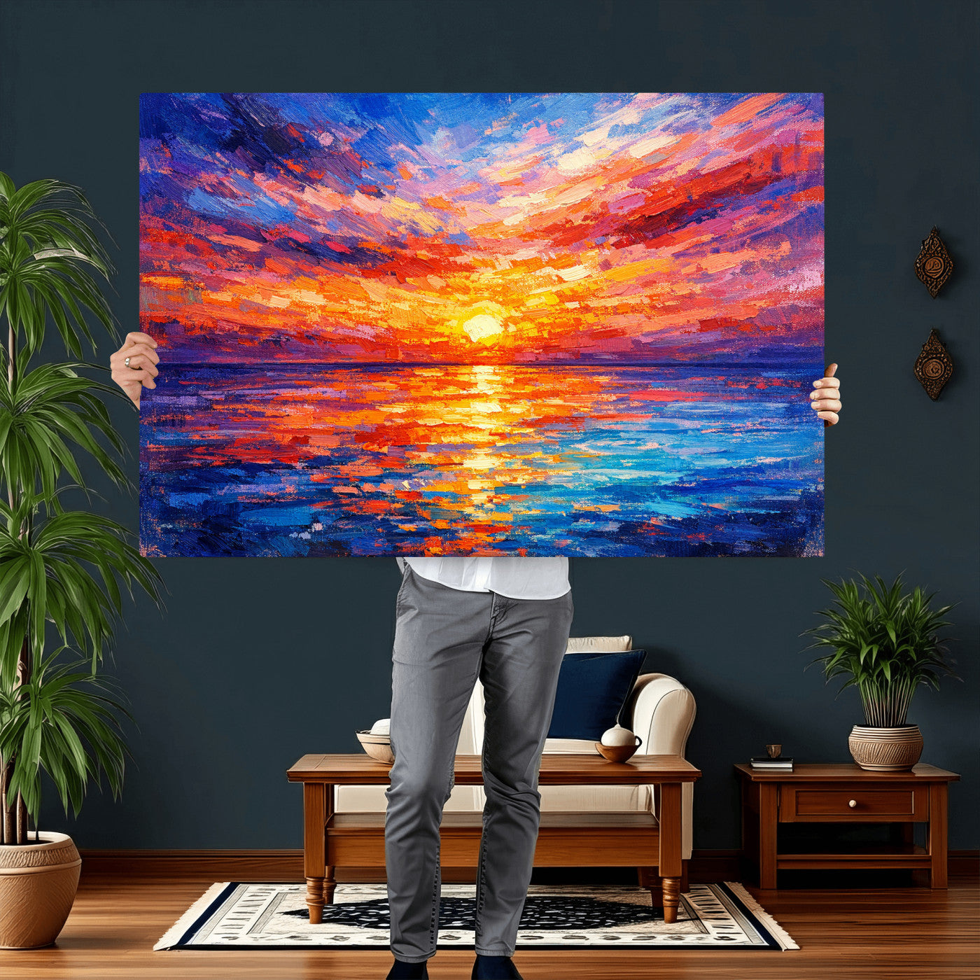 54915078-MGV-CV-36X24 - Colorful Knife Ocean Sunset Canvas — Orange Pink Teal Expressionist Sea Print | Colorful Coastal Wall Art | Vibrant Beach Decor Gift