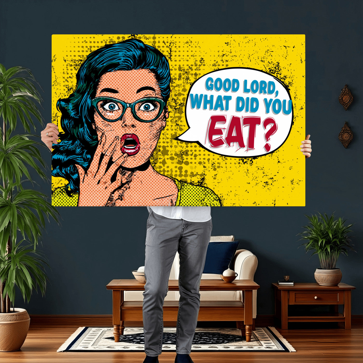 88217969-MGV-CV-36X24 - Pop Art Print Bathroom Sign Wall Art Canvas Print — Funny Bathroom Canvas | Comic Style Toilet Wall Decor | Humor Gift | Yellow Bold Bathroom Art