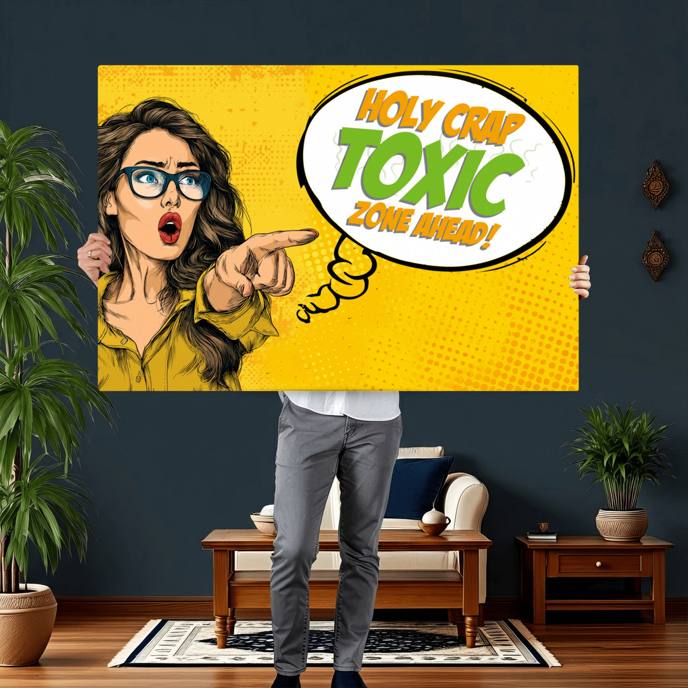 79156505-MGV-CV-36X24 - Pop Art Print Bathroom Sign Wall Art Canvas Print — Funny Bathroom Canvas | Comic Style Toilet Wall Decor | Humor Gift | Yellow Bold Bathroom Art