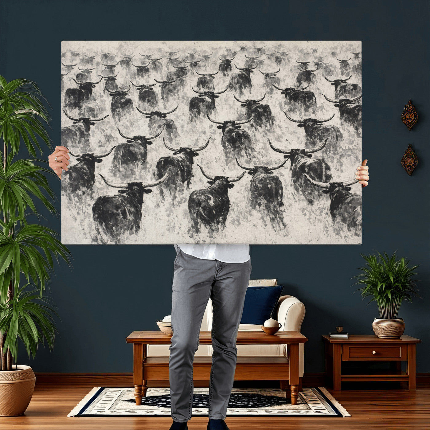 73328525-MGV-CV-36X24 - Texas Longhorn Drawing Canvas Wall Art, Western Cattle Stampede Painting Print, Warm Amber Ranch Decor, Rustic Cowboy Home Art, Large Living Room Decor