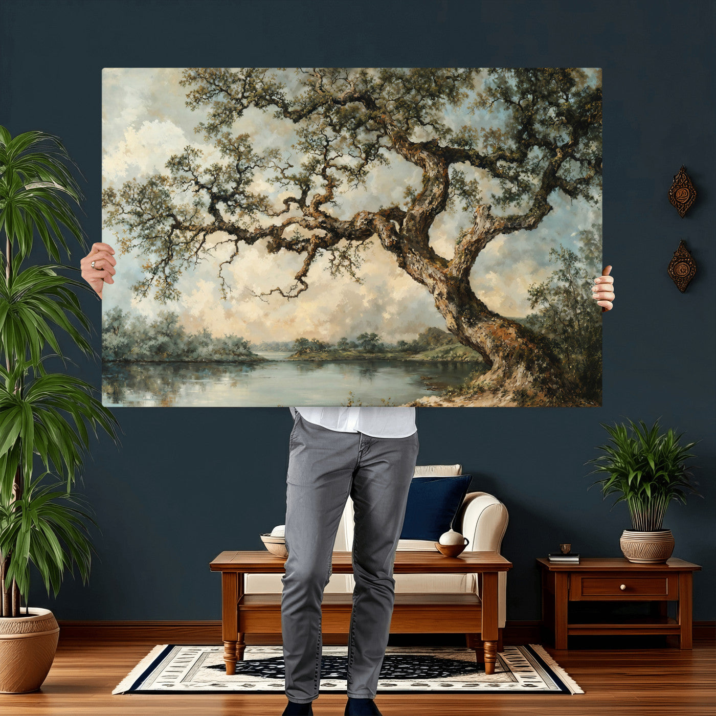 63857726-MGV-CV-36X24 - Old Oak Tree Canvas Wall Art, Turner Inspired Romantic Landscape Print, Vintage Nature Painting, Living Room Wall Decor, Antique Style Tree Art