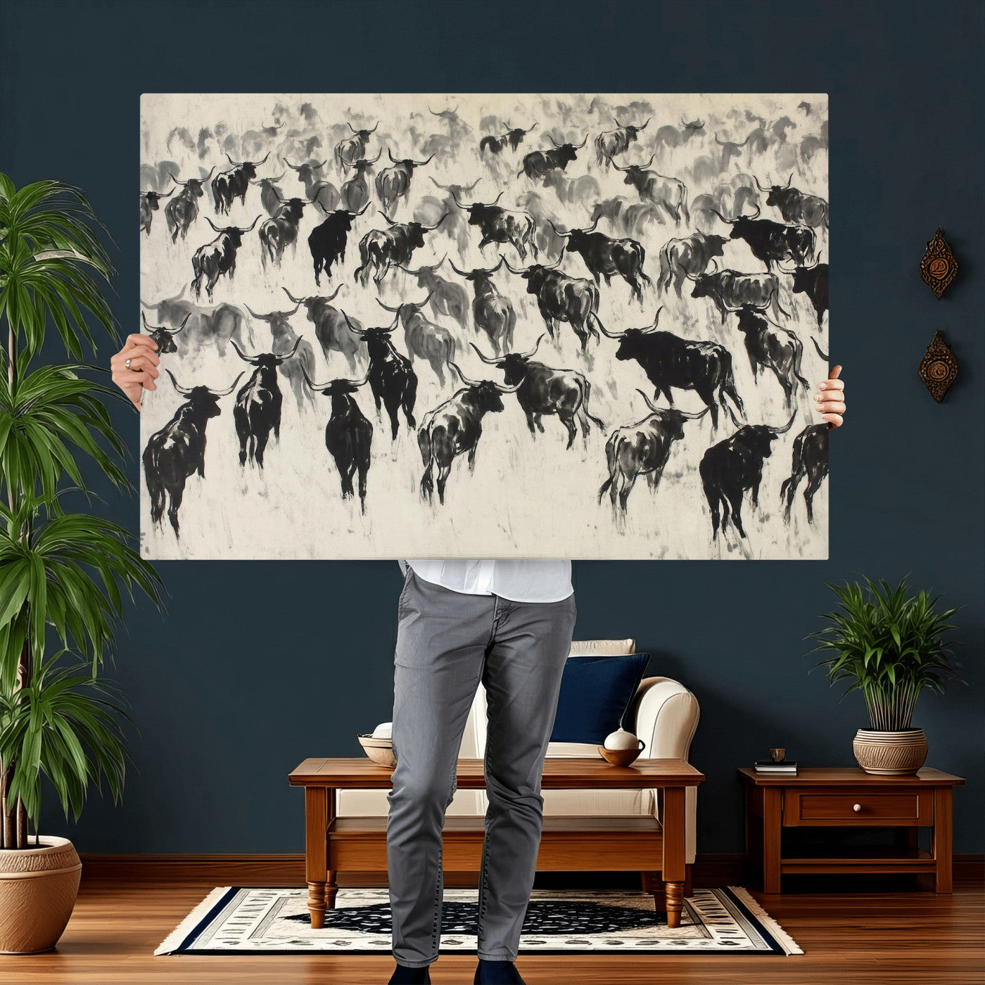 68669792-MGV-CV-36X24 - Longhorn Cattle Canvas Wall Art, Black White Stampede Ink Painting Print, Western Farmhouse Decor, Bull Herd Art, Large Living Room Wall Art, Ranch Home Decor