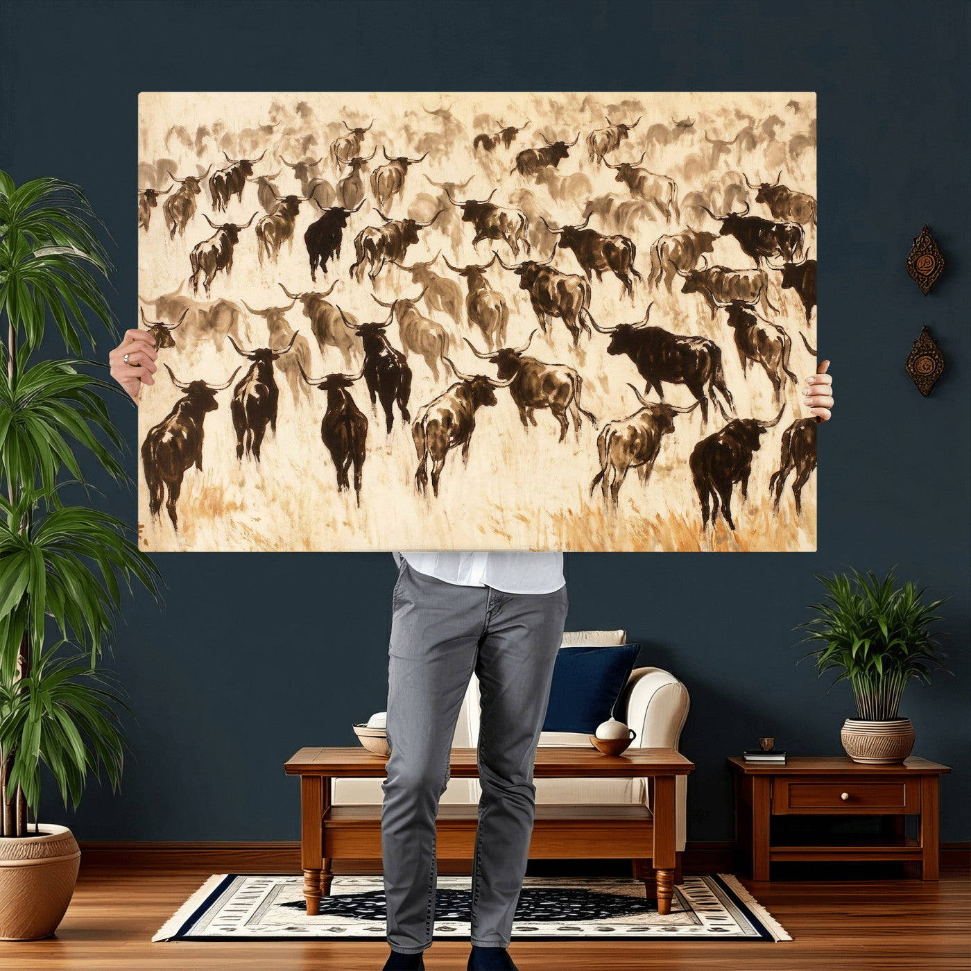 39077774-MGV-CV-36X24 - Texas Longhorn Sepia Canvas Wall Art, Western Cattle Stampede Painting Print, Warm Amber Ranch Decor, Rustic Cowboy Home Art, Large Living Room Decor