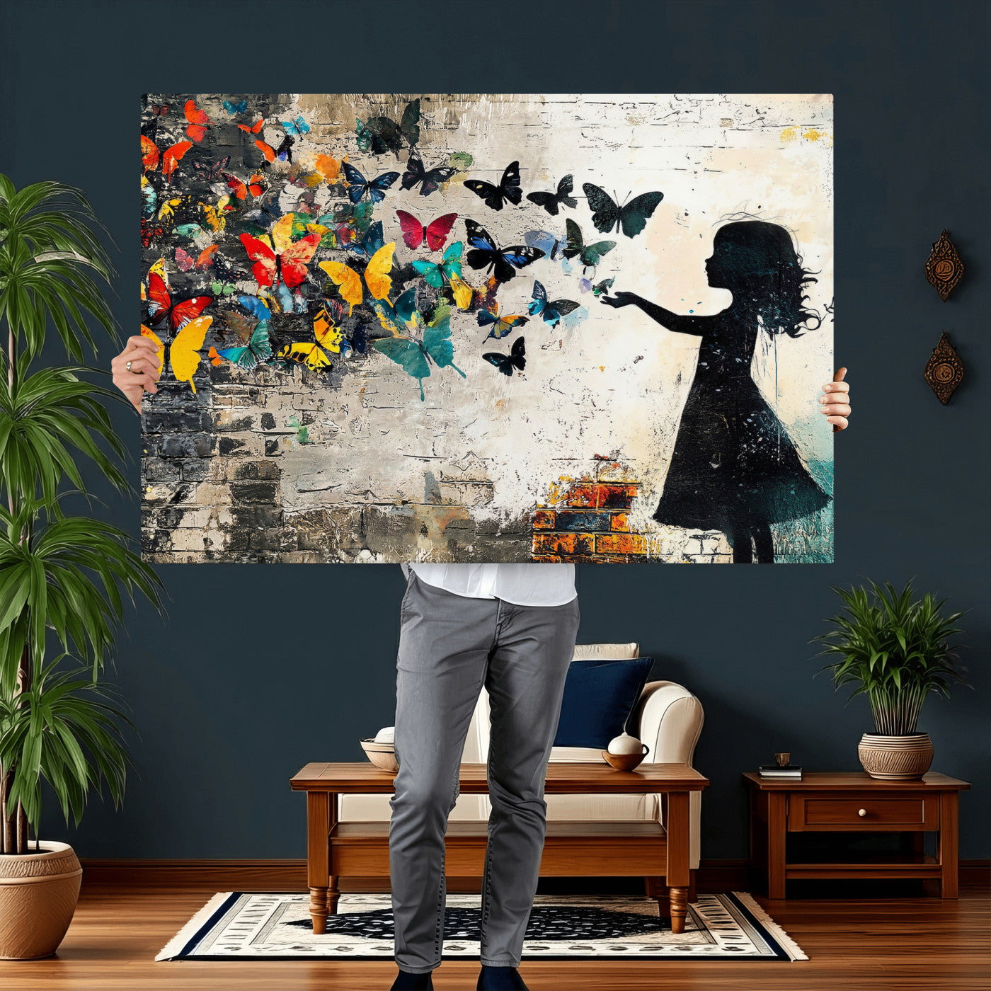 33909022-MGV-CV-36X24 - Banksy Butterfly Girl Wall Art Canvas Print, Framed Street Art Silhouette Graffiti Artwork, Colorful Butterfly Wall Decor for Living Room Bedroom Office