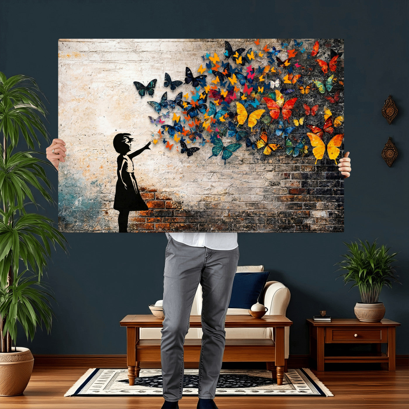 78760384-MGV-CV-36X24 - Banksy Graffiti Butterfly Girl Wall Art Canvas Print, Framed Street Art Canvas Print, Silhouette Butterfly Wall Art for Living Room Bedroom Office