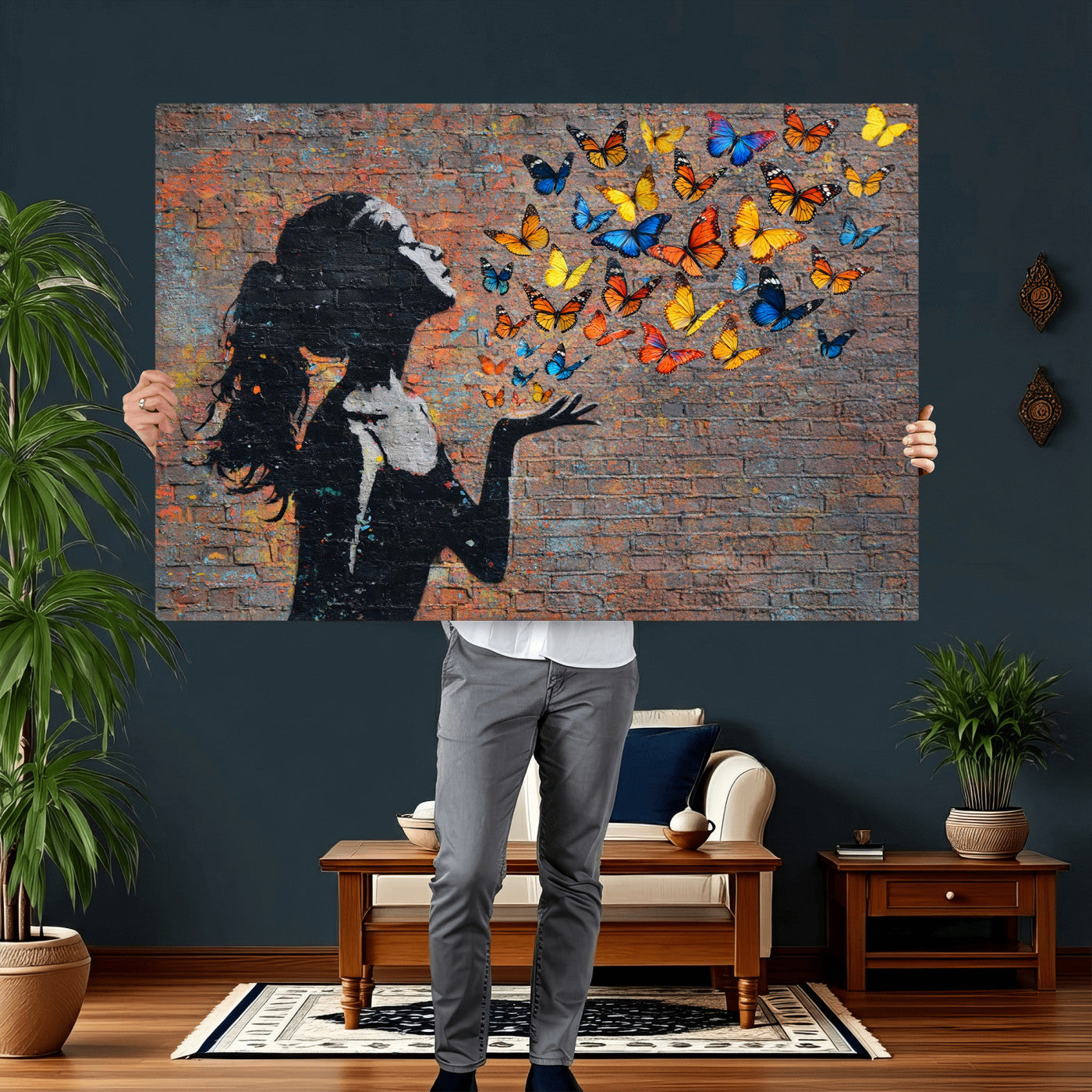 10555939-MGV-CV-36X24 - Urban Banksy Butterfly Girl Wall Art Canvas Print, Framed Street Art Canvas Print, Graffiti Silhouette Butterfly Wall Art for Living Room Bedroom Office