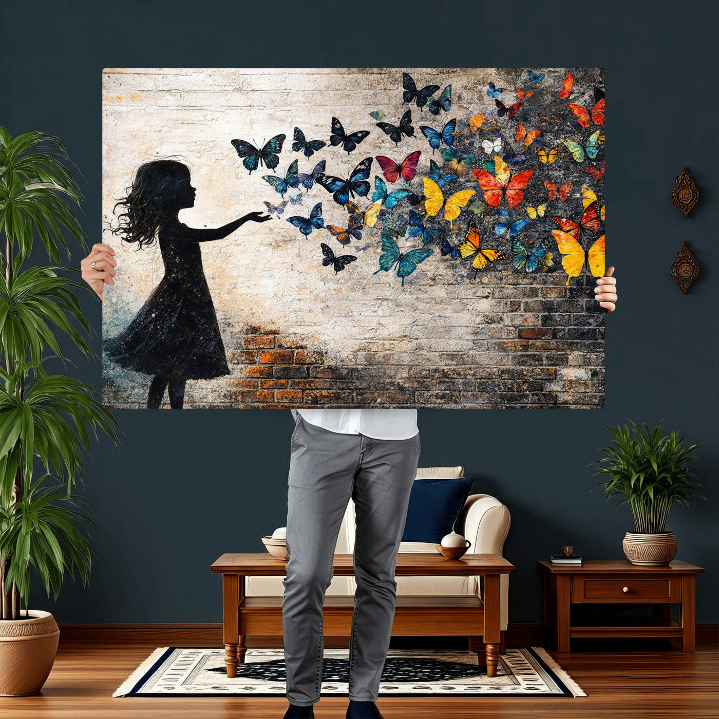 70522594-MGV-CV-36X24 - Banksy Butterfly Girl Wall Art Canvas Print, Framed Street Art Canvas Print, Graffiti Silhouette Butterfly Wall Art for Living Room Bedroom Office