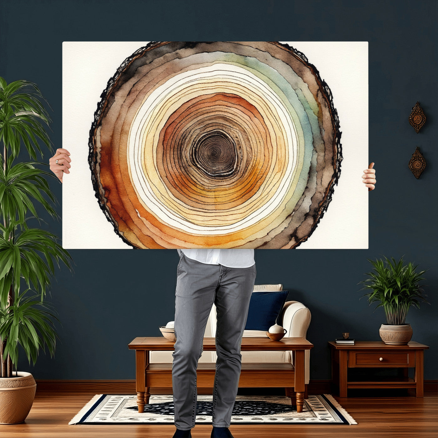 13719680-MGV-CV-36X24 - Natural Wood Slice Wall Art Canvas Print, Tree Ring Wall Art, Framed Abstract Nature Wall Decor, Earth Tone Statement Canvas Print