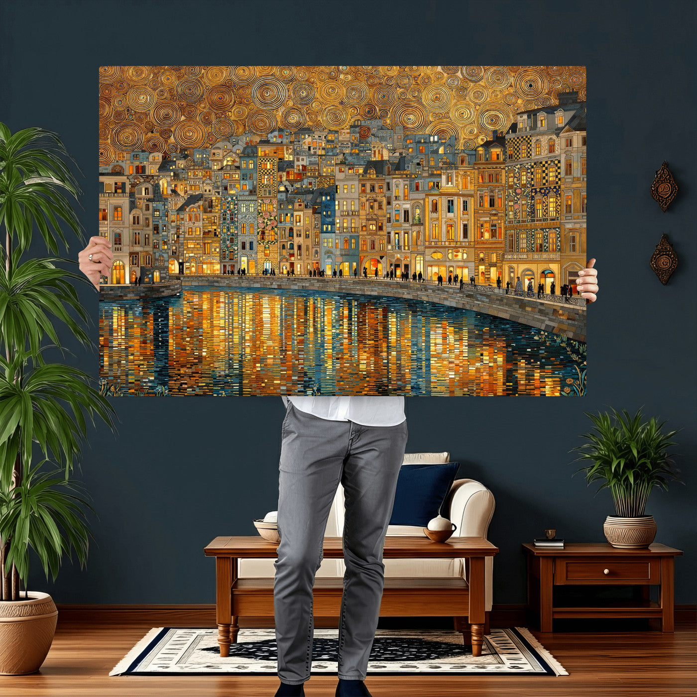 94022787-MGV-CV-36X24 - Gustav Klimt Golden Cityscape Wall Art Canvas Print, Framed River Town Landscape Artwork, Ornate Architecture Wall Decor for Living Room Bedroom Office