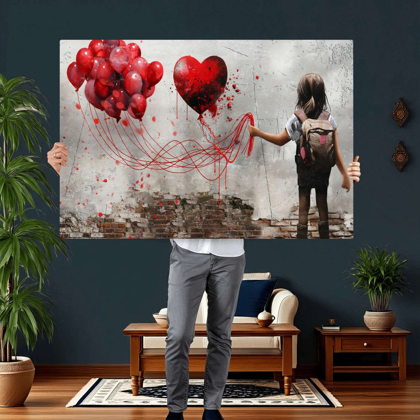 2162830T-MGV-CV-36X24 - Girl Graffiti Wall Art Canvas Print, Red Balloon Heart Street Art, Urban Love Artwork for Living Room Bedroom Hallway Office, Modern Abstract Canvas Wall Decor Home Decor