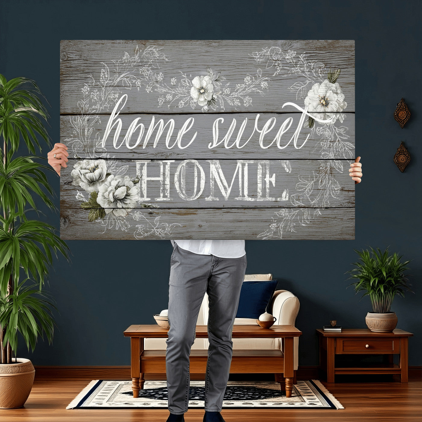 42160089-MGV-CV-36X24 - Home Sweet Home Sign Wall Art Canvas Print, Floral Farmhouse Sign, Rustic Neutral Entryway Bedroom Living Room Decor