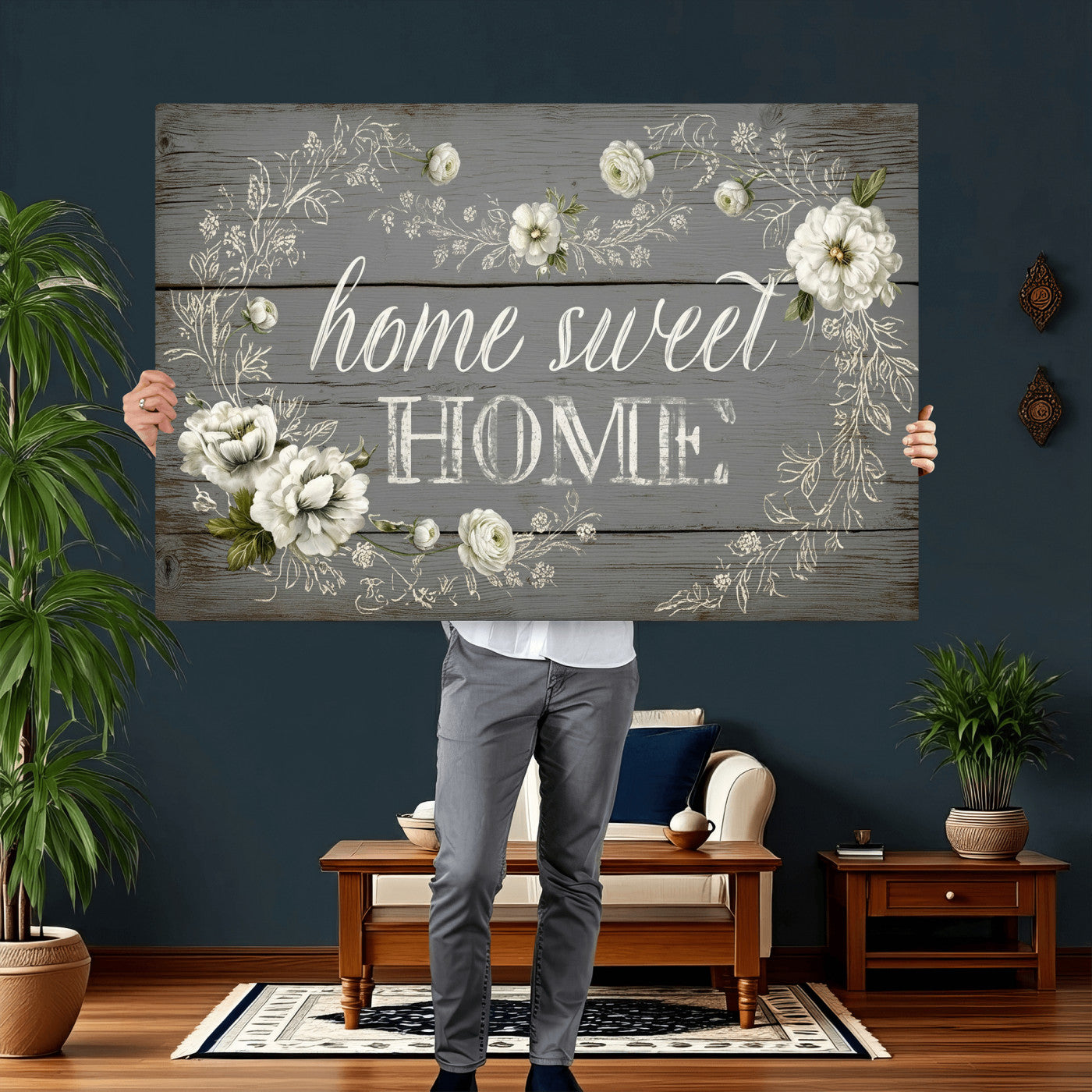 32056075-MGV-CV-36X24 - Home Sweet Home Wall Art Canvas Print, Floral Farmhouse Sign, Rustic Neutral Entryway Bedroom Living Room Decor