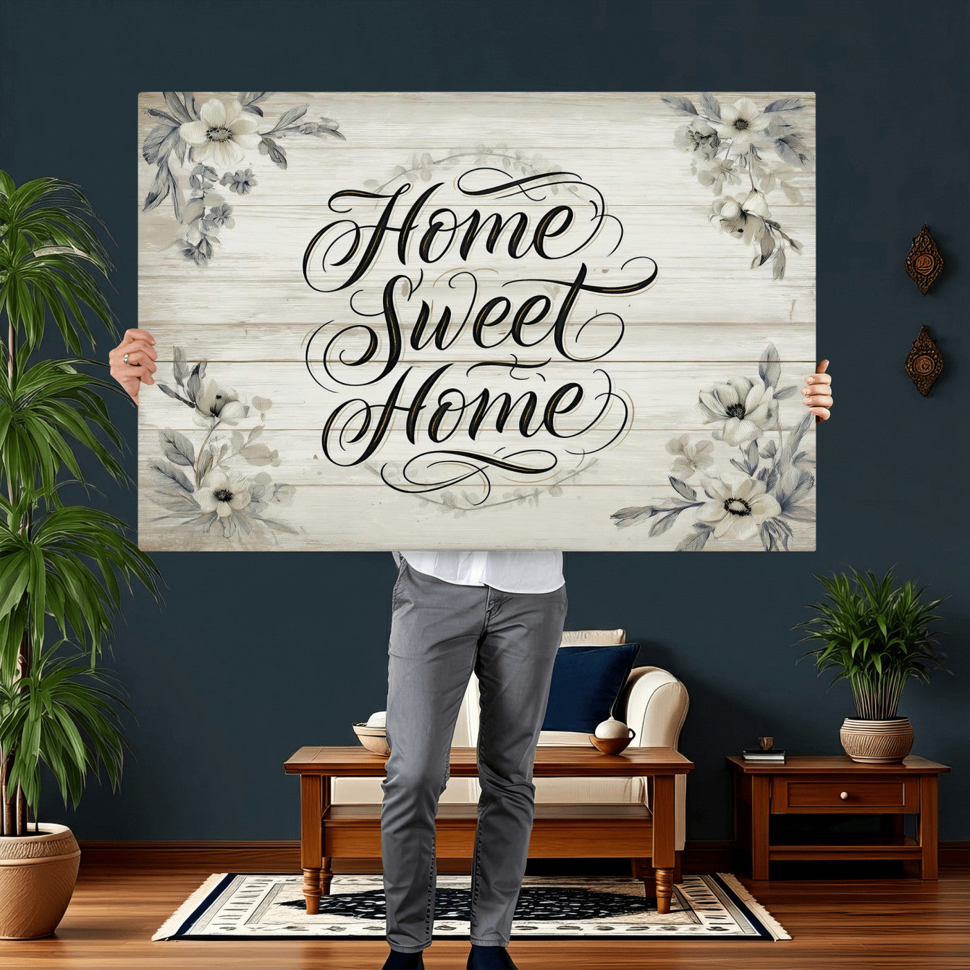 11120405-MGV-CV-36X24 - Home Sweet Home Wall Art Canvas Print, Floral Farmhouse Sign, Rustic Neutral Entryway Bedroom Living Room Decor
