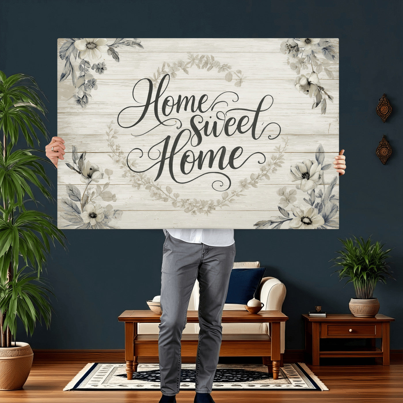 81157008-MGV-CV-36X24 - Home Sweet Home Wall Art Canvas Print, Floral Farmhouse Sign, Rustic Neutral Entryway Bedroom Living Room Decor