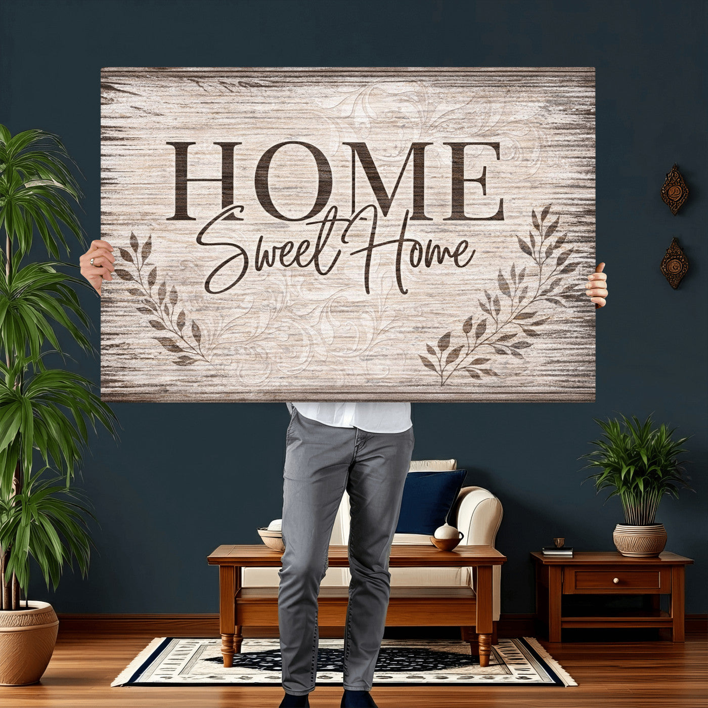 81157008S-MGV-CV-36X24 - Home Sweet Home Wall Art Canvas Print, Floral Farmhouse Sign, Rustic Neutral Entryway Bedroom Living Room Decor