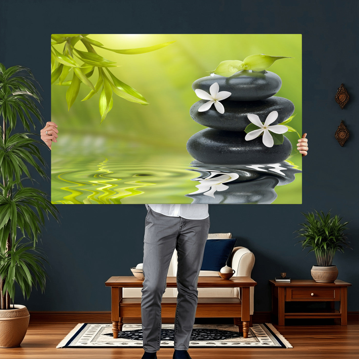 51106626-MGV-CV-36X24 - Plumeria Frangipani Black Stone Canvas | White Flower Spa Photography Print | Tropical Zen Wall Art | Grey Pebble Floral for Meditation Yoga Room Decor
