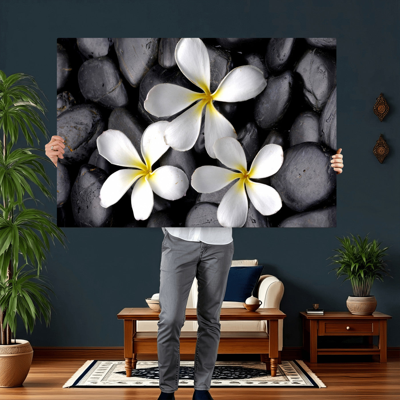 43639613-MGV-CV-36X24 - Plumeria Frangipani Black Stone Canvas | White Flower Spa Photography Print | Tropical Zen Wall Art | Grey Pebble Floral Decor