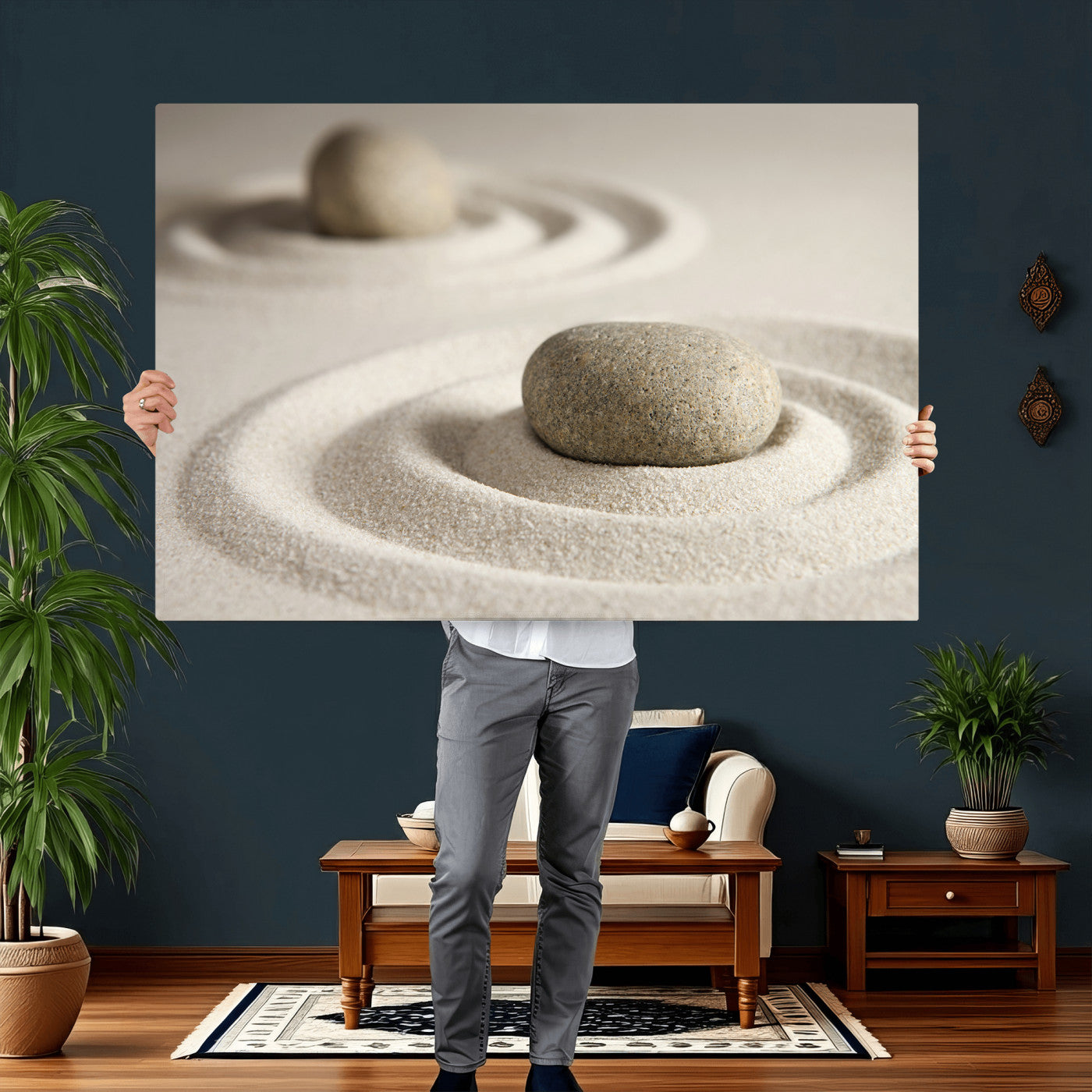 13397966-MGV-CV-36X24 - Zen Garden Stone Sand Canvas | Japanese Rock Garden Wall Art | Minimalist Meditation Print | Neutral Beige Mindfulness Decor