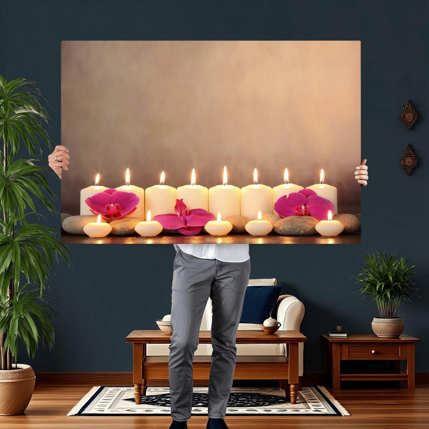 59470569-MGV-CV-36X24 - Spa Candles Orchid Canvas Print | Zen Wellness Relaxation Wall Art | Pink Flower Candlelight Bathroom Decor | Calm Beige Photography