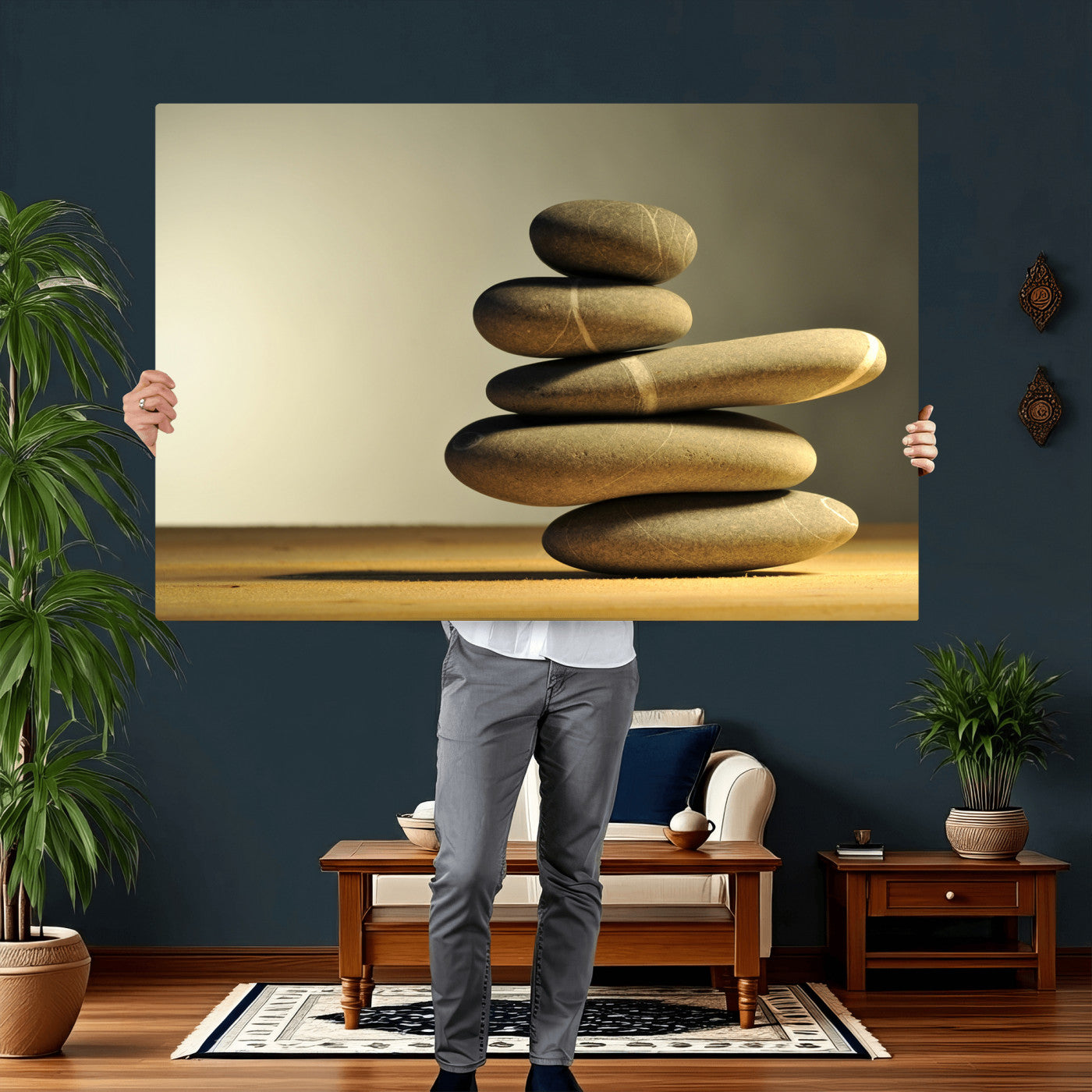 85424263-MGV-CV-36X24 - Zen Stone Wall Art Canvas Print, Balanced Rock Stack Framed Spa Artwork, Minimalist Meditation Decor for Living Room Bedroom Office Bathroom