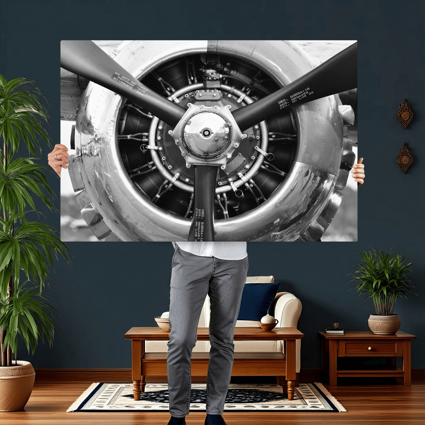 73322230-MGV-CV-36X24 - Vintage Propeller Plane Wall Art Canvas Print, Black and White Airplane Engine Close Up Framed Aviation Artwork for Pilot Office Hangar Decor