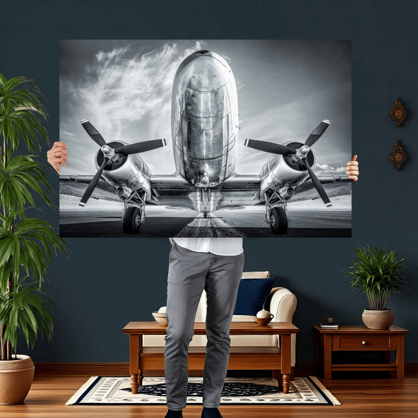 59729636-MGV-CV-36X24 - Vintage Propeller Plane Wall Art Canvas Print, Black and White Airplane Engine Close Up Framed Aviation Artwork for Pilot Office Hangar Decor