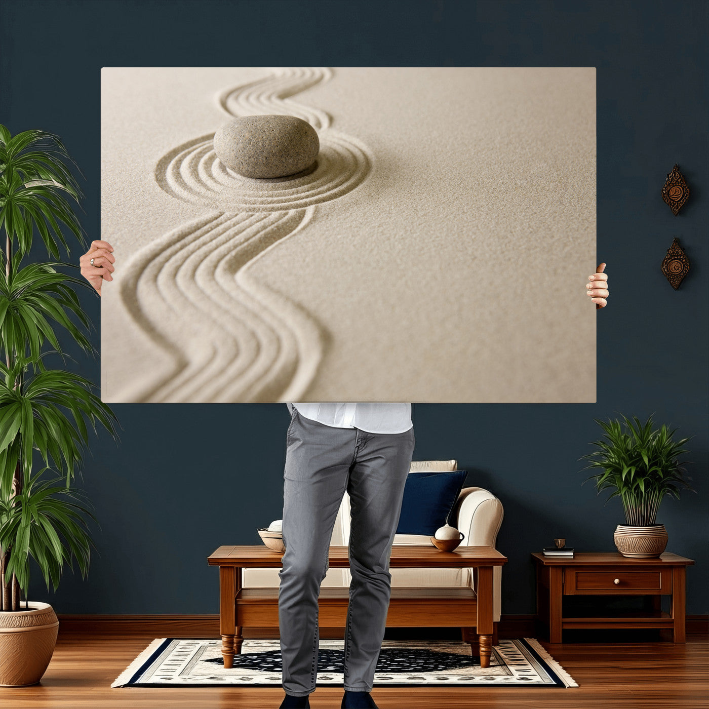 66852661-MGV-CV-36X24 - Zen Garden Stone Sand Canvas | Japanese Rock Garden Wall Art | Minimalist Meditation Print | Neutral Beige Mindfulness Decor