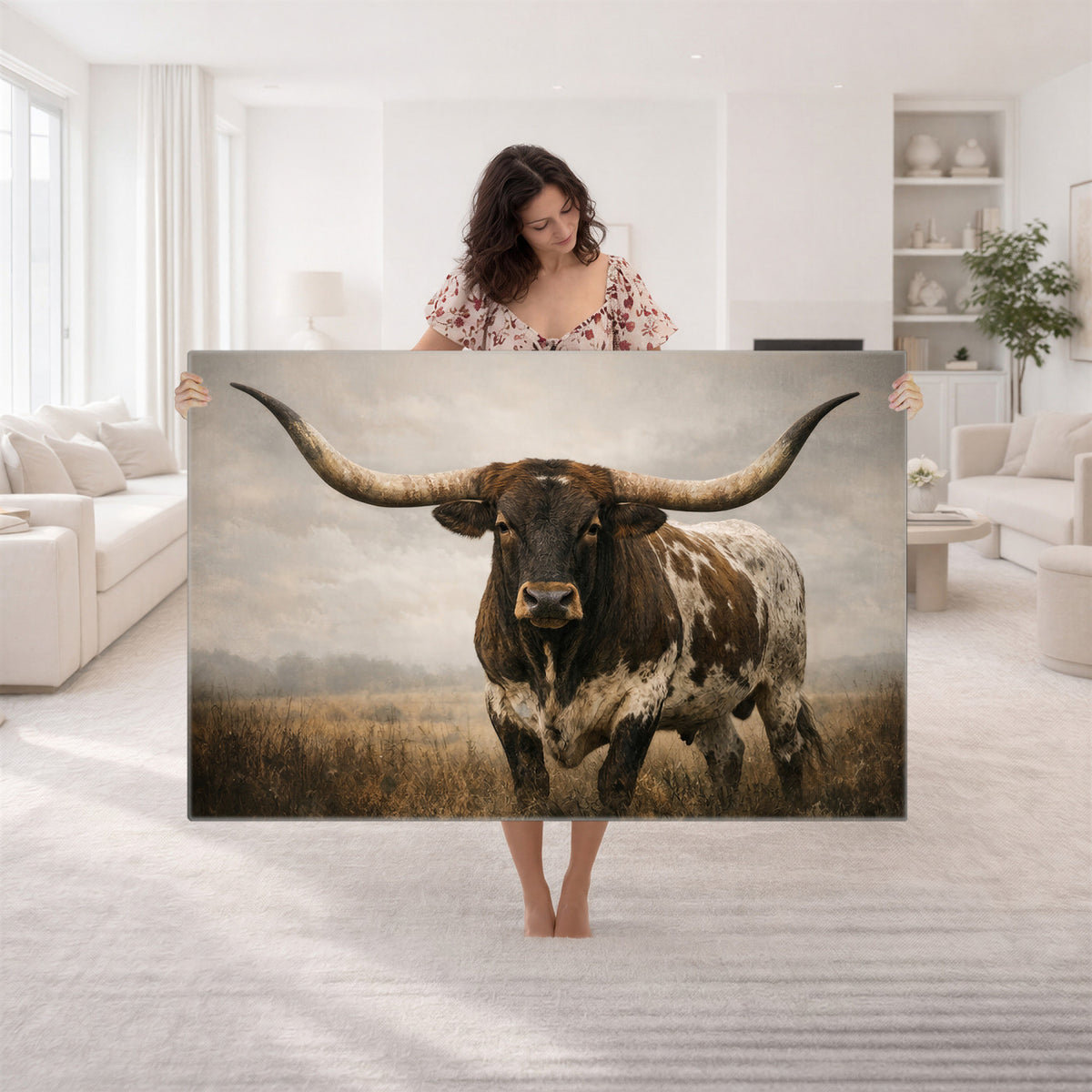 17622011L-_Poster-30x20 - Longhorn Bull Wall Art Canvas Print, Western Farmhouse Decor
