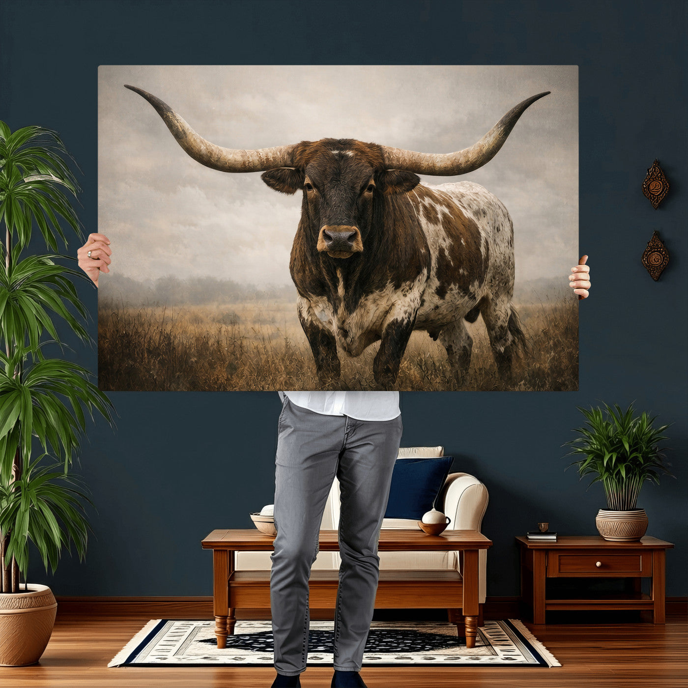 17622011L-MGV-CV-36X24 - Longhorn Bull Wall Art Canvas Print, Western Farmhouse Cowboy Decor, Rustic Texas Ranch Cattle Artwork for Living Room Bedroom Office, Framed Wall Decor