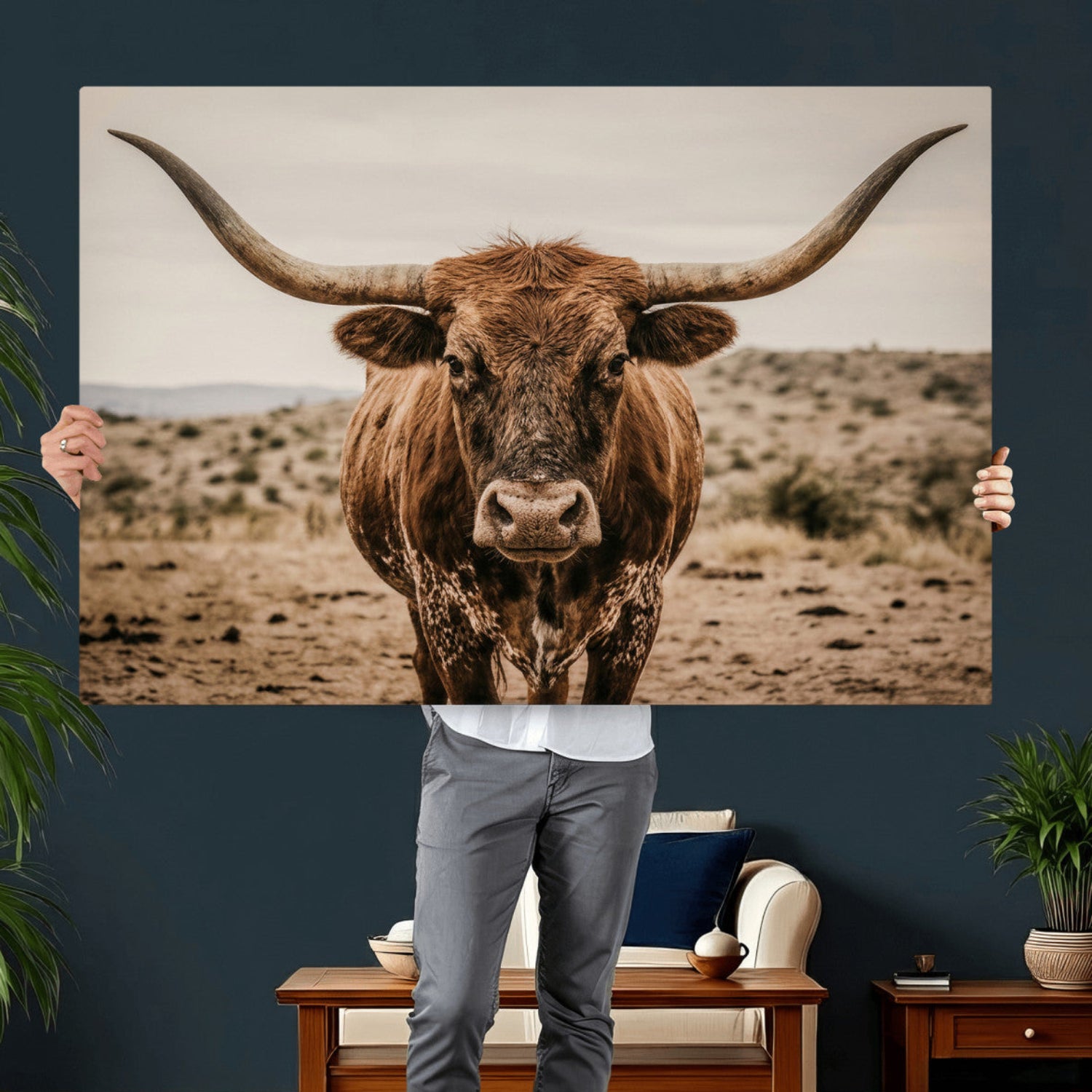 17622011K-MGV-CV-36X24 - Texas Longhorn Bull Wall Art Canvas Print, Western Farmhouse Cowboy Decor, Rustic Texas Ranch Cattle Artwork for Living Room Bedroom Office, Framed Wall Decor