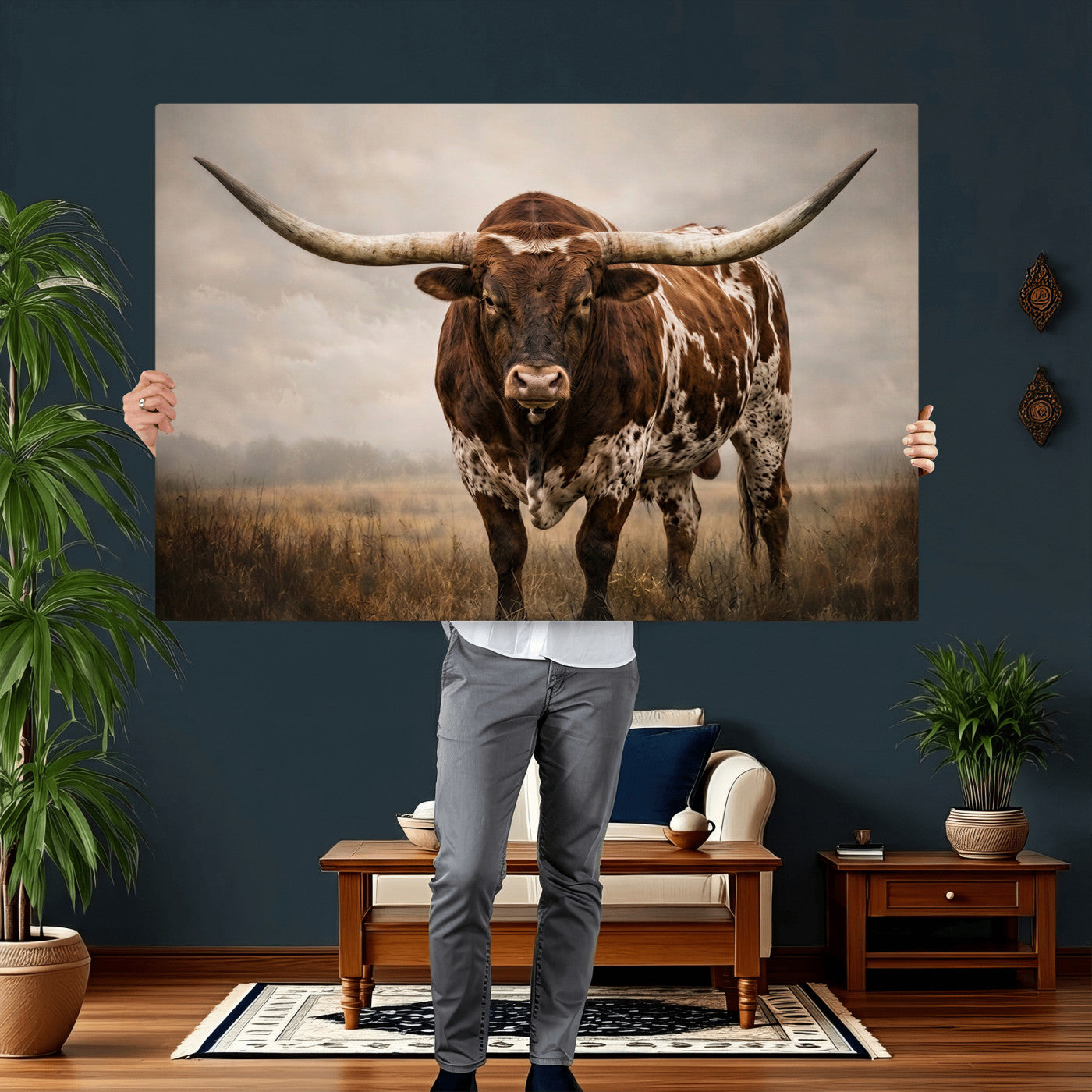 25239047-MGV-CV-36X24 - Texas Longhorn Canvas Wall Art Western Bull Desert Moody Grey Overcast Rustic Farmhouse Framed Large for Living Room Bedroom Office Decor