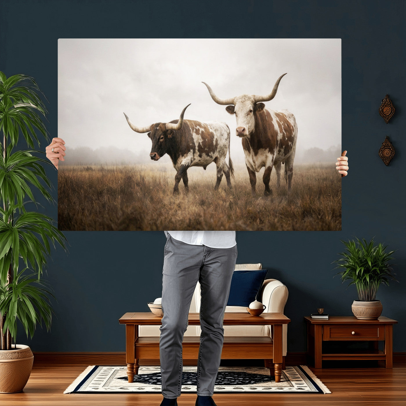 92881702-MGV-CV-36X24 - Texas Longhorn Canvas Wall Art Western Bull Desert Moody Grey Overcast Rustic Farmhouse Framed Large for Living Room Bedroom Office Decor