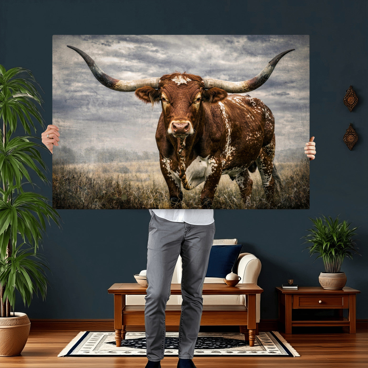 14372769-MGV-CV-36X24 - Texas Longhorn Canvas Wall Art Western Bull Desert Moody Grey Overcast Rustic Farmhouse Framed Large for Living Room Bedroom Office Decor