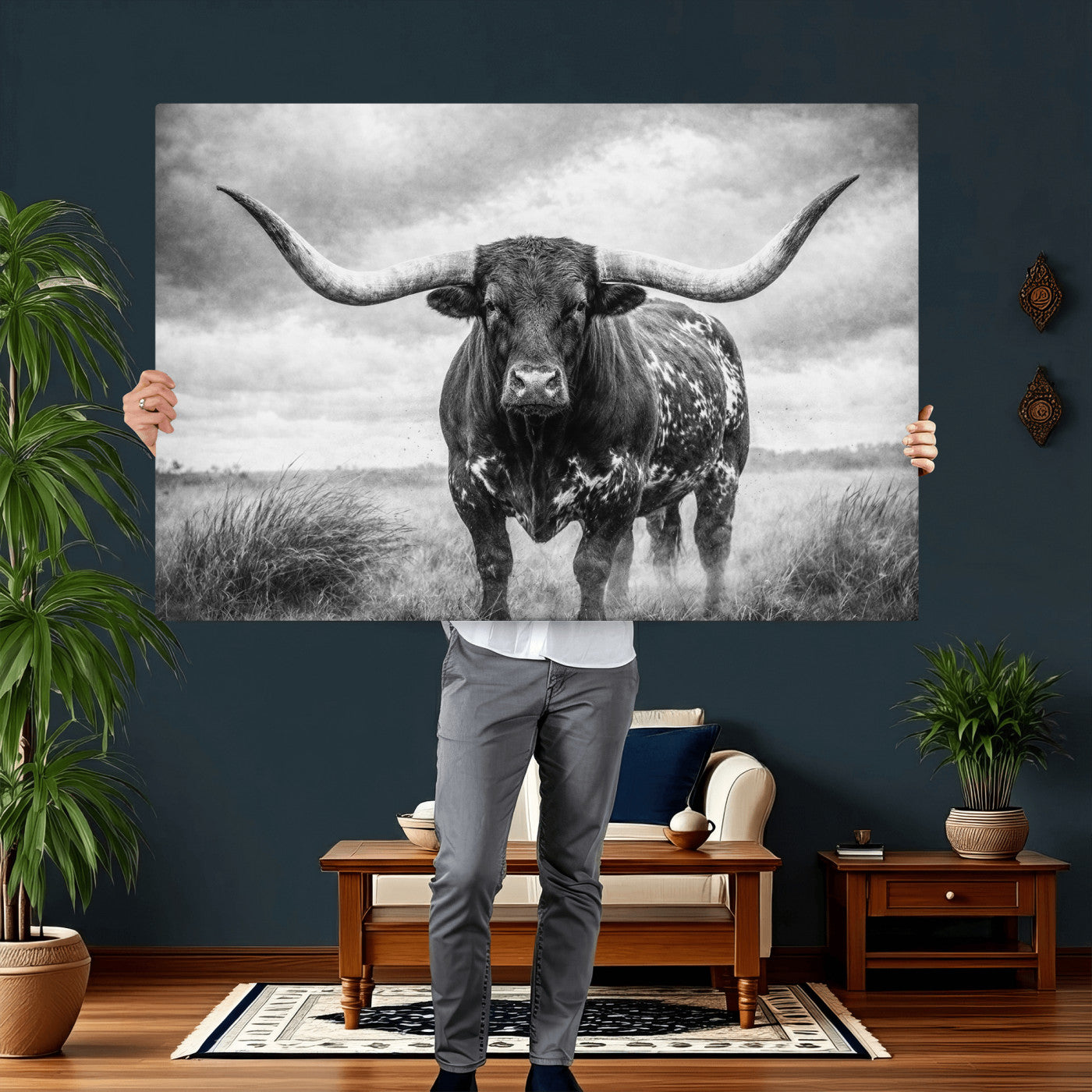 19951238-MGV-CV-36X24 - Texas Longhorn Canvas Wall Art Western Bull Desert Moody Grey Overcast Rustic Farmhouse Framed Large for Living Room Bedroom Office Decor