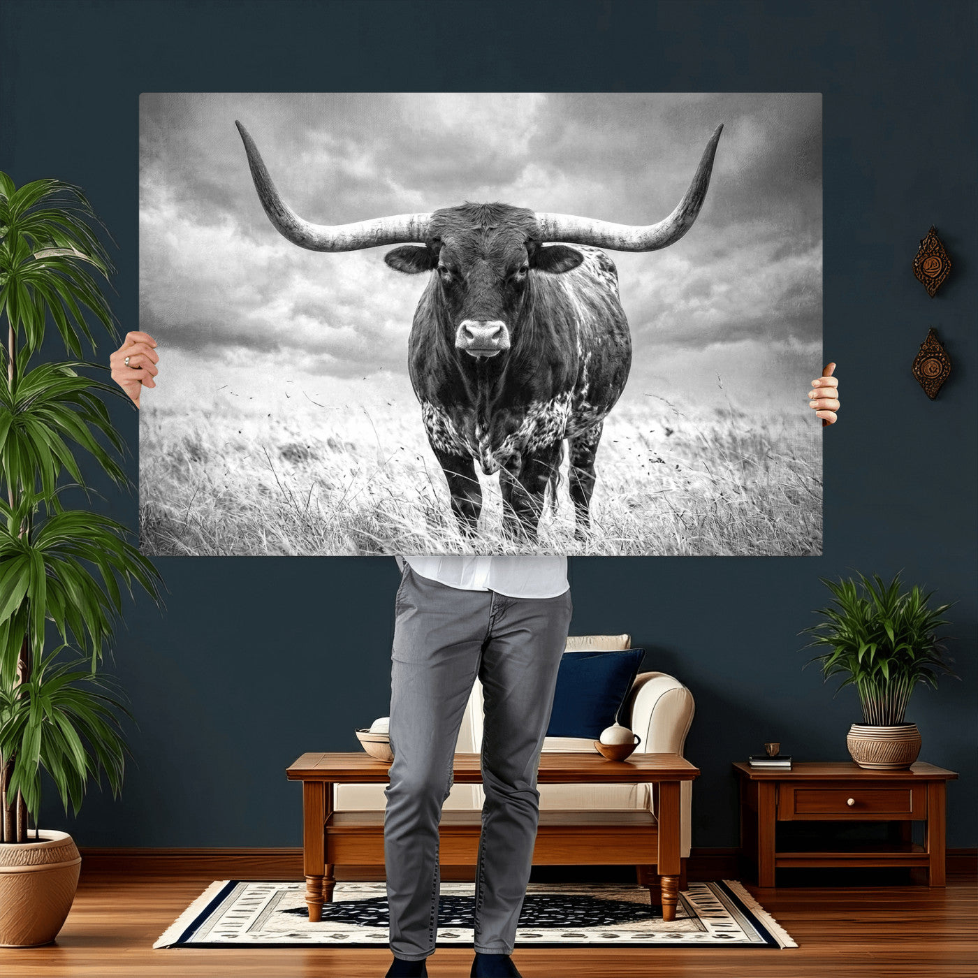 63336115-MGV-CV-36X24 - Texas Longhorn Canvas Wall Art Western Bull Desert Moody Grey Overcast Rustic Farmhouse Framed Large for Living Room Bedroom Office Decor