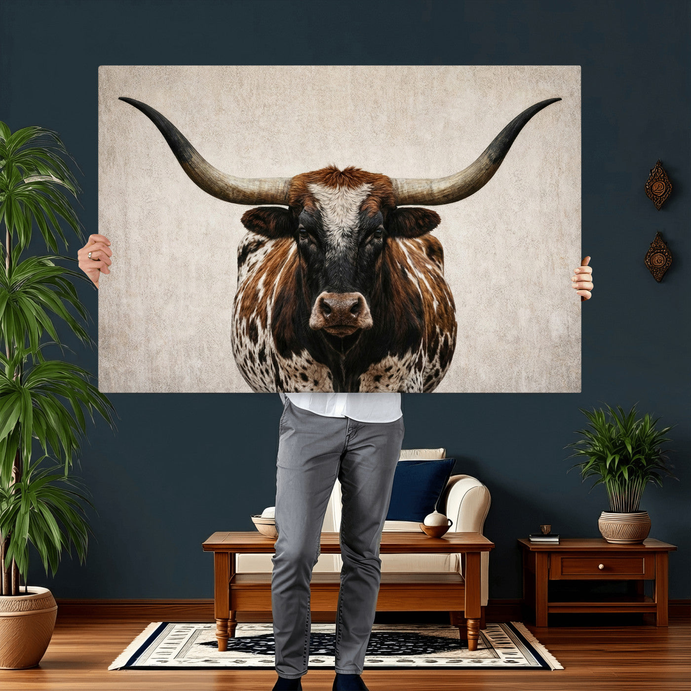 58622065-MGV-CV-36X24 - Texas Longhorn Canvas Wall Art Western Bull Desert Moody Grey Overcast Rustic Farmhouse Framed Large for Living Room Bedroom Office Decor