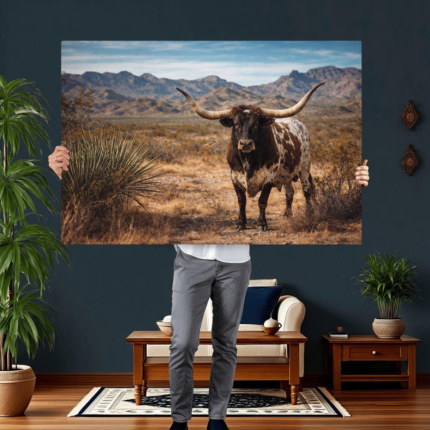 26448918-MGV-CV-36X24 - Texas Longhorn Canvas Wall Art Western Bull Desert Moody Grey Overcast Rustic Farmhouse Framed Large for Living Room Bedroom Office Decor