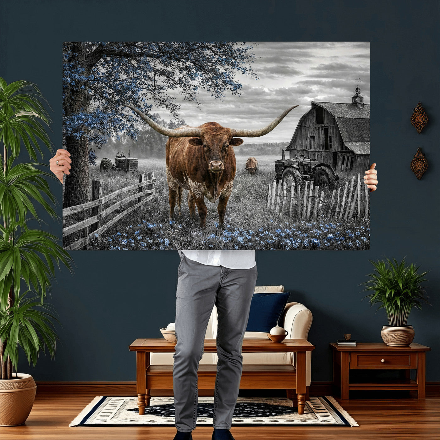 19366343-MGV-CV-36X24 - Texas Longhorn Canvas Wall Art, Rustic Farm Barn Bluebonnet Photography Print, Farmhouse Country Decor, Western Ranch Art, Old Truck Tractor Print